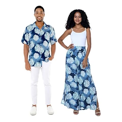 Matchable Couple Hawaiian Luau Wide Legged Pants in Pacific Palm Navy, Women, S/M Cover