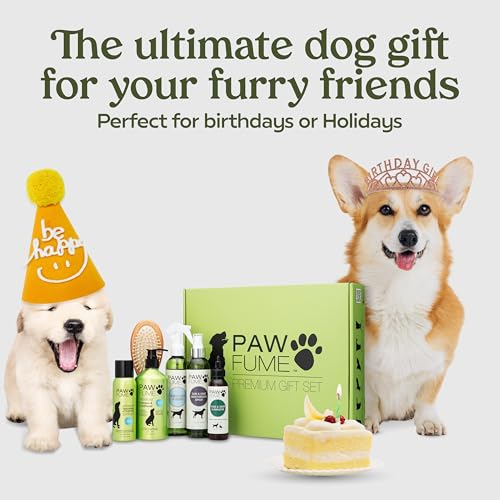 Image of Pawfume Dog Gift Basket, 6-Piece Box - Give Your Pup a Spa-Quality Coat & Odor-Free Freshness - Probiotic Deodorizer Spray, Hypoallergenic Grooming Mist & Premium Brush - Dog Gift Boxes for All Breeds