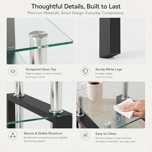 Image of Meihua Glass End Table, Square Glass Side Table, 2-Tier Modern Nightstand with Metal Legs for Living Room&Bedroom (Transparent, 1pc)