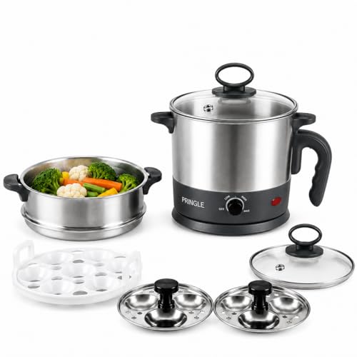 Image of Pringle 1.5L MultiChef Multi Kettle 3-in-1 Multipurpose Cooker | Egg Boiler, Steamer & Idli Maker | SS Stand | 1350W | 360 Rotating Base | 1 Yr Onsite Warranty | Silver