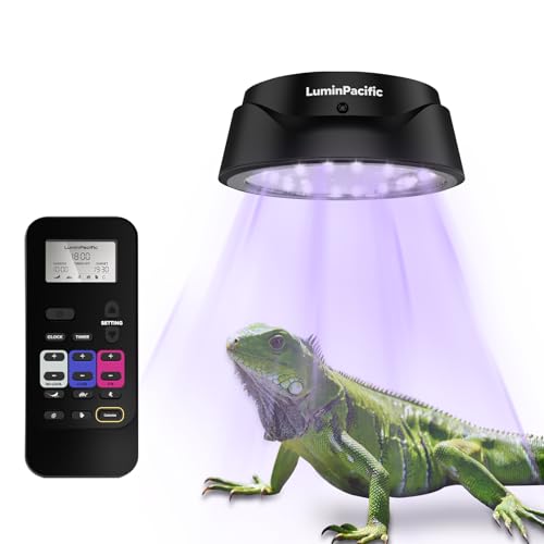 LuminPacific LED Reptiles Light with Remote, UVA UVB FR Lamp for Rainforest & Desert Reptiles, Ferguson Zones 1-4, Timer Switch, 10 Dimmable, for Bearded Dragon, Turtle, Frog, Snake, Plant (1 Pack)