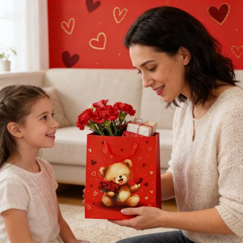 Valentines Day Red Paper Gift Bag, Special Love Gift Bag with Adorable Teddy Bear, Heart Gifts Bags For Loved Ones, 25 x 21 x 10cm - Image 4