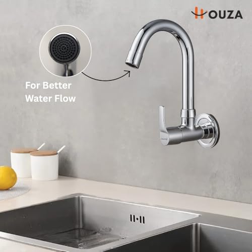 Image of HOUZA Brass Kitchen Sink Tap Faucet | Kitchen Tap with 360 Degree Flexible Swivel High Arc Spout | Water Saving Aerated Flow Kitchen Faucet for Sink (Chrome Finish, Silver)