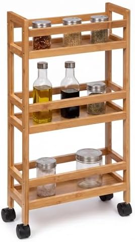 Trolley with 3 Levels Wheels, Bamboo Kitchen Cart, Narrow Storage...