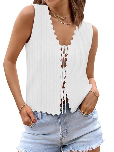 Image of COCCKO Womens Summer Tops Vacation Beach Outfits Cute Tie Front Crochet Vest Knit Sleeveless Sweaters