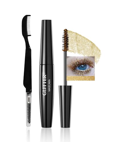 Gold Glitter Mascara,Shimmer Sparkle Diamond Colored Mascara for Eyelashes Define Long Lasting Curling,Multi-Use Shimmer Voluminous Colorful Máscara Party Stage Use Eyes Makeup for Women-02