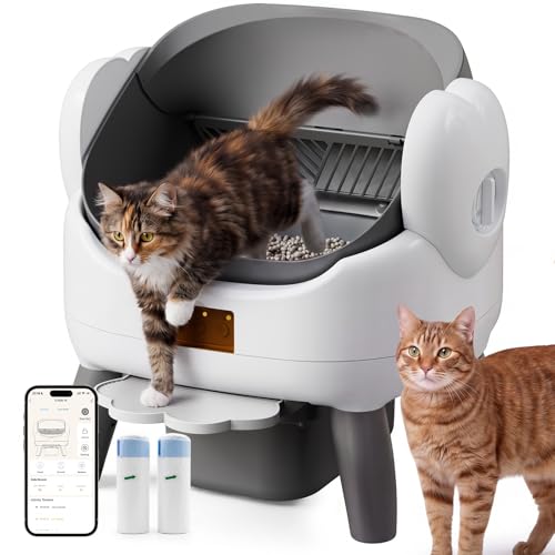 Automatic Litter Box Self Cleaning, Automatic Cat Litter Box for Multiple Cats with App Control, Open Top Self Cleaning Litter Box - Safety Protection, Easy Setup, Gray