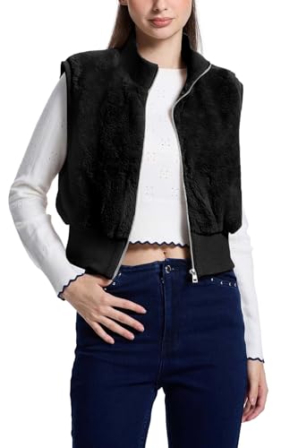 FASHIONSPARK Womens Cropped Faux Fur Vest Sleeveless Jacket Zip Up Fuzzy Sherpa Coat Shaggy Ribbed Warm Outerwear (Black,S)