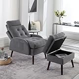 HCHAIRH Reading Chair with Ottoman, Accent Lounge Chairs and Ottoman Set Storage Adjustable Backrest, Armchair Side Pocket for Living Room Bedroom, Dark Grey