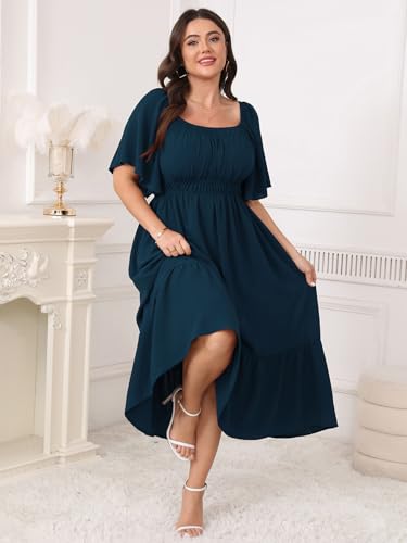 Image of CICIDUDU Plus Size Smocked Maxi Dresses for Curvy Women Square Neck Flowy Casual Summer Wedding Guest Dress
