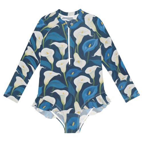 Girls Long Sleeve Swimsuit White and Blue Calla Lilies Girls Swimming Suits Toddler Bathing Suit