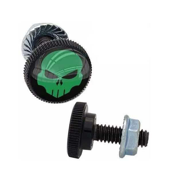 2 SM Black Knurled - License Plate Frame Fastener Tag Bolts - Green Skull G B Style-9856-3111