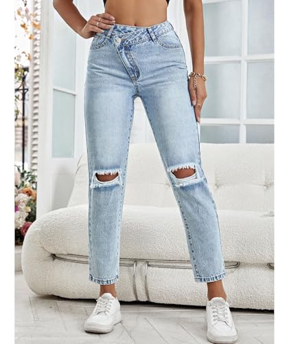 Women Casual High Rise Ripped Jeans Trendy Straight Leg Distressed Cropped Denim Pants Comfort Flex Jean Streetwear4