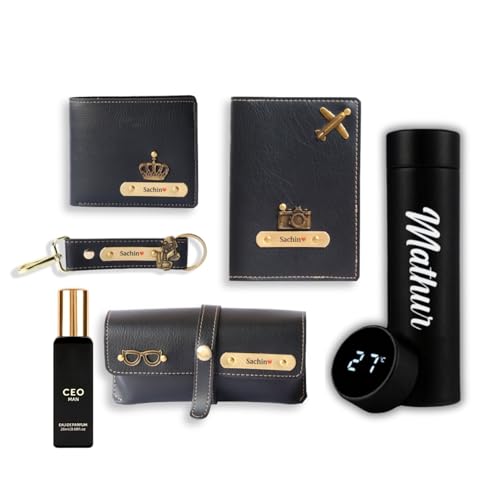 Image of Personalized Gift Set for Men with Custom Name - Wallet, Passport Cover, Keychain, Sunglass Case, Perfume & Bottle | Premium Birthday Anniversary Gift for Husband, Boyfriend (Gift Hamper)