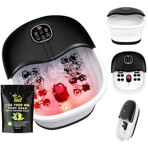 WHALSTAR Collapsible Foot Spa Bath Massager with Heat Bubbles and Vibration Massage and Jets, 16oz Tea Tree Oil Foot Soak with Epsom Salt, Foot Bath Basin with Red Light & Remote - Black