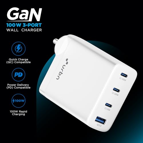 Image of URBN 100W GaN Fast Charger | Quad Port (3 Type-C + 1 Type-A) | QC & PD Compatible | Samsung Super Fast Charging 2.0 | 12-Layer Protection | Compact Travel Adapter for Laptop, iPhone, Samsung, MacBook