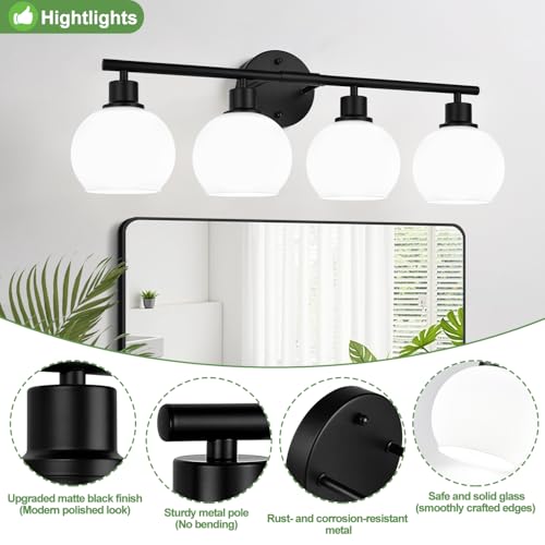 Image of Indoi 4-Light Bathroom Light Fixtures, Black Bathroom Lights Over Mirror with Milky White Frosted Glass Globe Shade, Vanity Lights for Bathroom Kitchen Living Room Hallway Cabinet Bedroom Porch