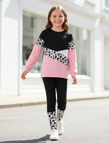Image of PATPAT Little Girls Clothes Crew Neck Leopard Color Block Sweatshirt and Leggings Girls Outfits Size 4-12Y