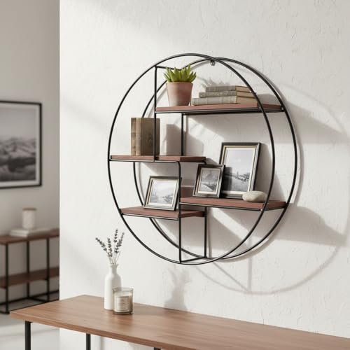 Image of Modern Round Wall Shelf Metal Frame with Wooden Shelves | Decorative Wall Mounted Storage Organizer for Living Room, Bedroom & Home Decor