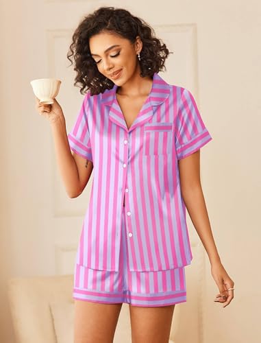 Image of Ekouaer Womens Silk Satin Pajamas Sets 2 Piece Short Sleeve Sleepwear Button Down Top and Shorts Pjs Lounge Wear Sets