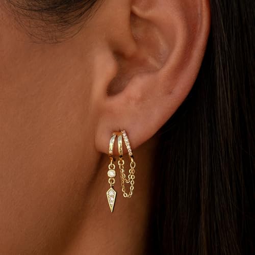 Dangle Earrings for Women,14k Gold Plated Triple Huggie Stud Earrings Cute Statement Chain Earring Dainty Drop Earrings for Women Trendy Gold Jewelry2
