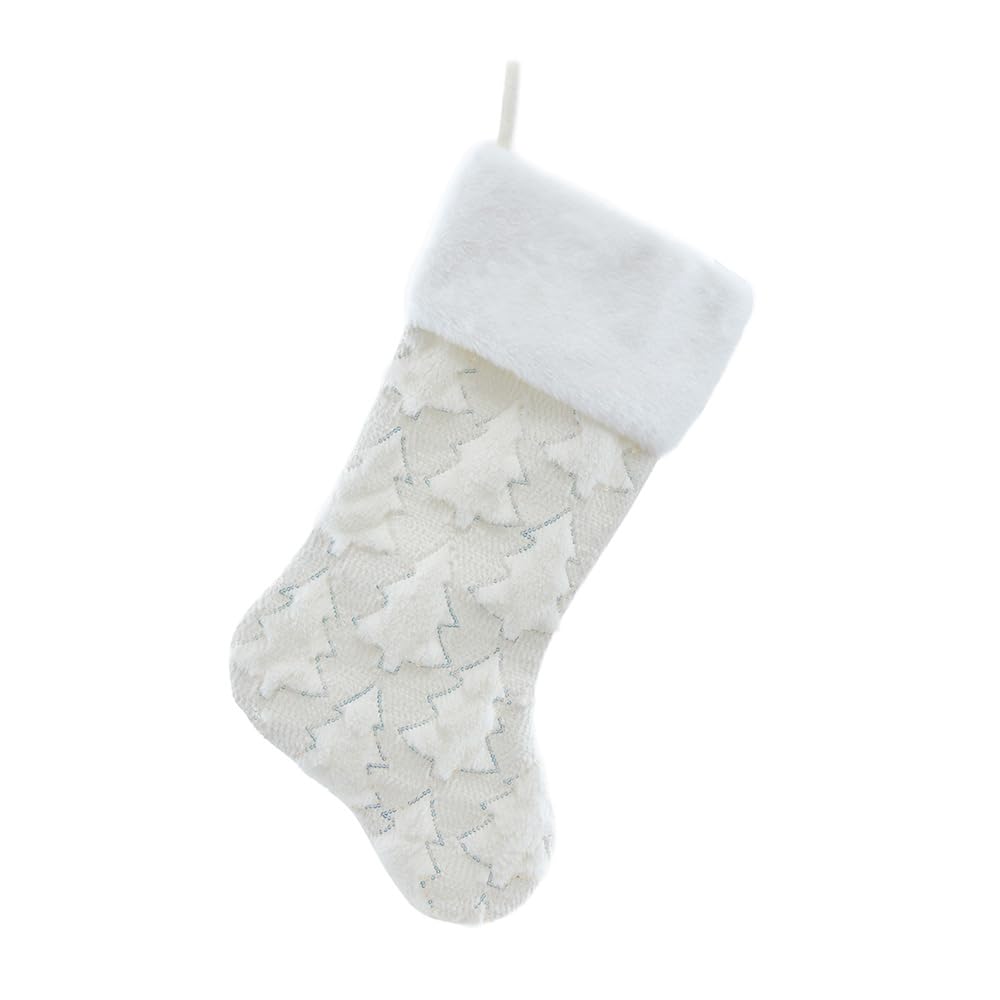 Kurt Adler White Faux Fur with Iridescent Sequin Tree Pattern Stocking