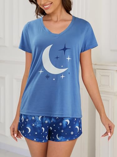 Image of YIJIU Women Short Sleeve Tee and Shorts Pajama Set Cute Alpaca Print Sleepwear