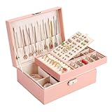 EASYLEE アクセサリーケース ジュエリーボックス おしゃれ 2層収納大容量 PUレザーソフトライニング 鍵付きピアス ネックレス 指輪 イヤリング ブレスレット収納 ガールフレンド妻母ばらしい贈り物 (ピンク)