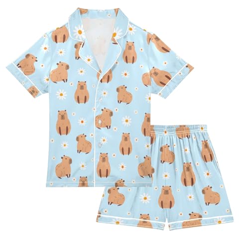 Capybara with Daisy Flowers Blue Summer Satin Pajama Set, Cute Button-Down Sleepwear Pj Set for Sleep Wears