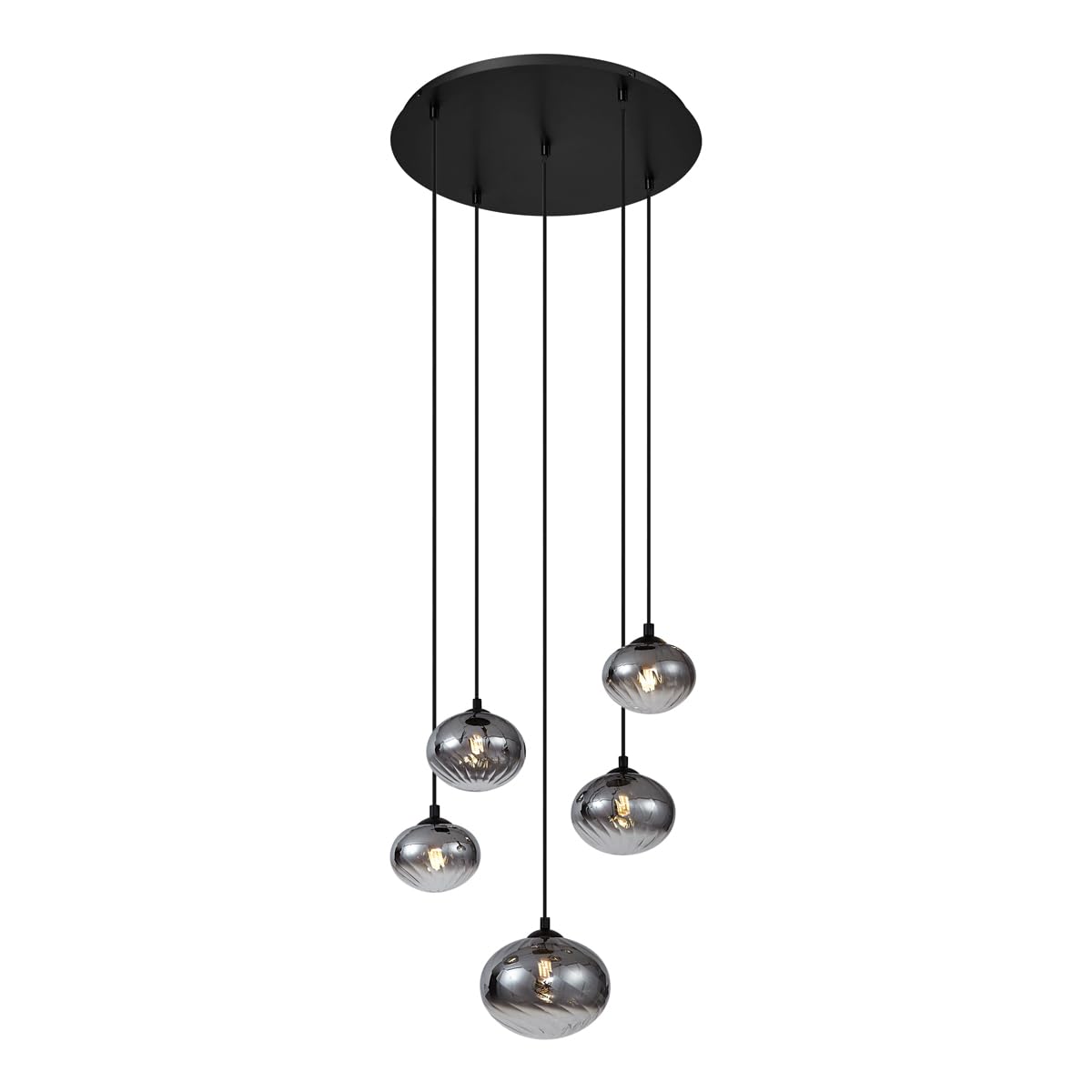 Qazqa Esstisch Modern Pendelleuchte, Pendellampe - Jia - Schwarz mit Rauchglas, Rund, 5-flammig, 58cm, Ideal als Esszimmerlampe und