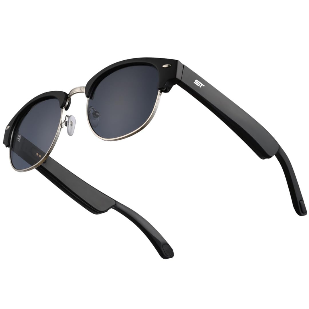 SPECTACKLE® Spec-Pro Rimcord Smart Glasses | Round Wireless Half-Rim Bluetooth Glasses | Built-in Mic | Hands-Free Calling,Audio | and IPX4 water resistant Proof | Magnetic Thimble Charging - Black