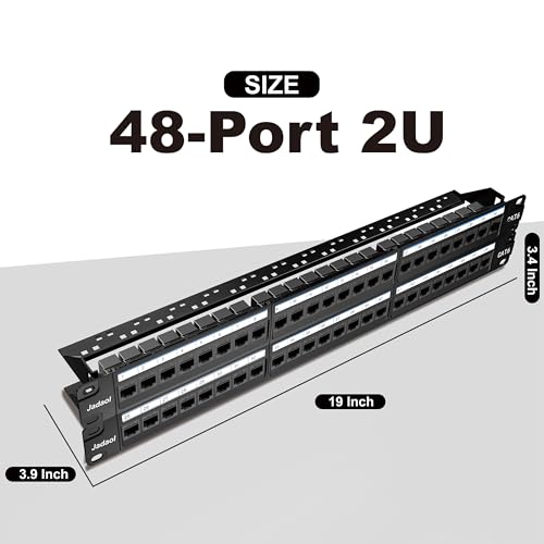 Image of Jadaol [UL Listed] 48 Port Patch Panel Rackmount or Wall Mount 19-Inch, 2U Cat 6 Network Panel Preloaded with 48 Keystone Couplers Plus 2 Spare, 10Gbps Ethernet Panel with Cable Management & Back Bar