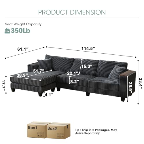 Image of 114.5 inch Corduroy Couch Sectional with Reversible Chaise with 2 Pillows Oversized Couch L Shaped Sofa with Two Armrests Hidden Storage Space Sectional Couches for Living Room Grey