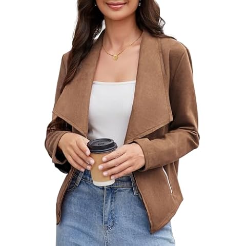 KOJOOIN Women's Fashion Faux Suede Jackets 2024 Clothes Lapel Long Sleeve Open Front Outerwear Cropped Coats Brown M Cover