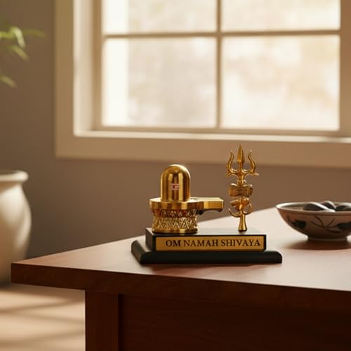 Image of Divine Hindu Shivling with Trishul Gold Finish Idol | Lord Shiva Divine Showpiece for Home Decor & Pooja Mandir | Shiva Murti for Office Desk & Car Dashboard | Auspicious Gift for Mahashivratri | G
