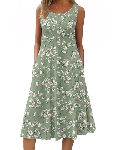 Image of HOTOUCH Summer Casual Dresses for Women Sleeveless Midi Dress Swing Tank Sundress Pleated Tshirt Dress with Pockets