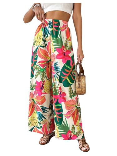 WDIRARA Women's Tropical Floral Print Elastic Waist Wide Leg Pants Palazzo Pants