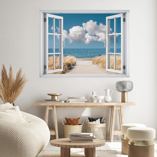SIGNWIN Removable Wall Sticker/Wall Mural Window Sandy Trail Leading to Blue Ocean and Clouds Photography Realism Decorative Landscape Digital Art for Living Room, Bedroom, Office - 24"x32"