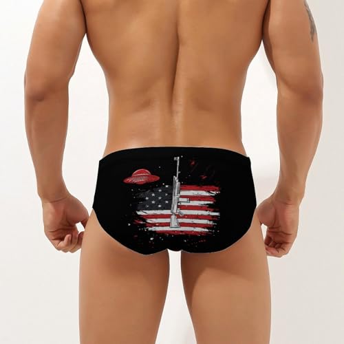 Aliens Rifle U.S.A. Flag Printed Swim Briefs for Men Sexy Bikini Swimwear Elastic Beach Trunks Bathing Suit3