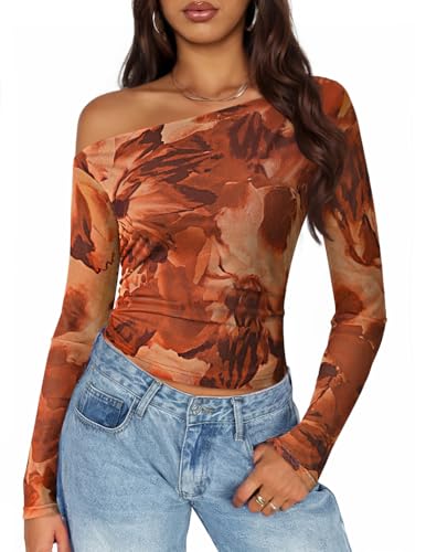 ZESICA Women's Floral Off Shoulder Long Sleeve Tops 2025 Fall Mesh Ruched Fitted Trendy Going Out Shirts Blouses Brown L