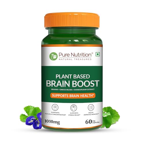 Pure Nutrition Plant Based Brain Boost (1010mg) - 60 Veg Capsules | With Brahmi, Ginkgo Biloba & Sha...