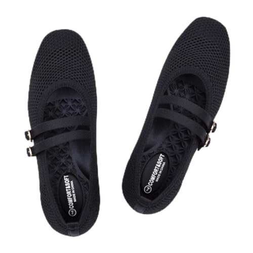 Image of Frank Mully Women's Flats Square Toe Mary Jane Shoes Ballet Flats with Strap Comfortable Slip On Knit Shoes Dressy Casual