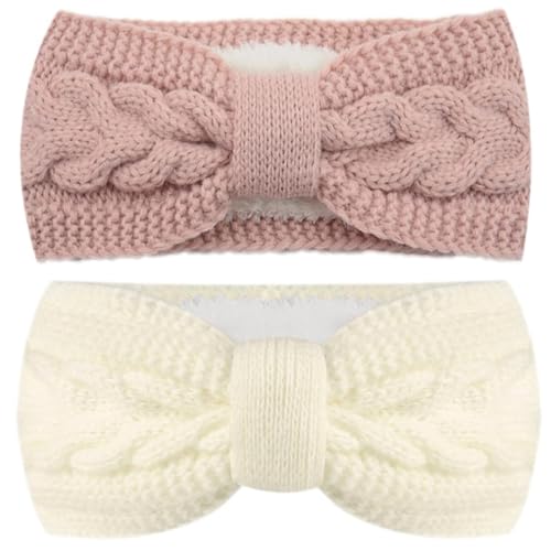 2 Stück Damen Gestrickt Stirnband, Verdicken Stirnband Damen, Haarband Ohrenwärmer Elastische, Winter Kopfband Haarband, Elastische Haarreife Ohr Wärmer für Mädchen (Rosa, weiß)