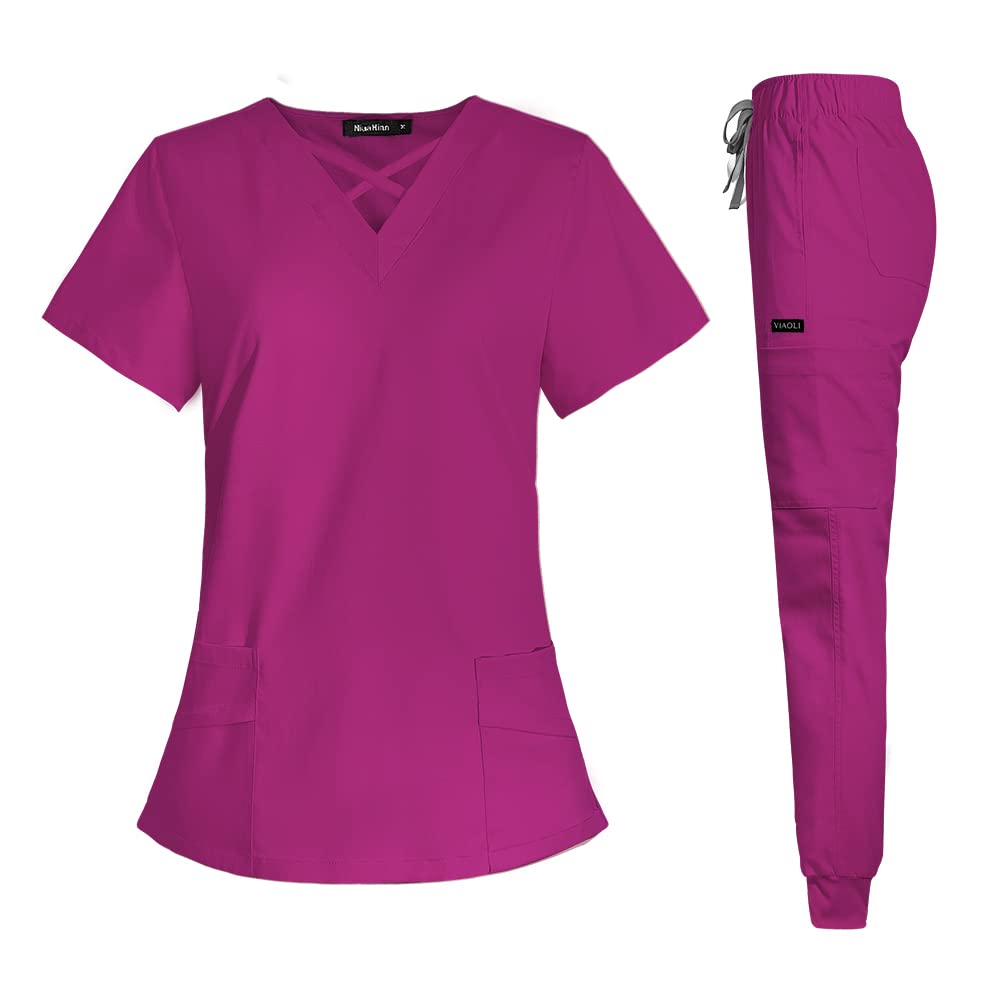 VIAOLI Scrubs for Women Set Modern V-Neck Top & 8 Pocket Jogger Pants Athletic Nursing Uniform Solid Stretch Workwear