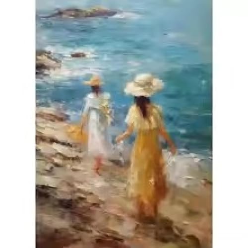 Toile murale deux filles en bord de mer style vintage nordique sans cadre 80x110 cm