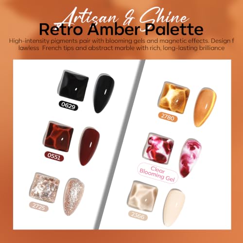 Image of modelones Fall Gel Nail Polish Set, Amber French Tip Leopard-Print Theme | 6 Colors Blooming Brown Jelly Nude Maroon Black Gold Glitter Cat Eye Gel Polish, with Magnet & Liner Pen & French Stickers