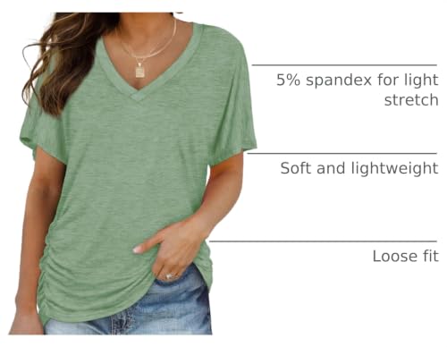 Image of WIHOLL Womens Summer T-Shirts Short Sleeve V Neck Dolman Tops with Side Shirring Loose Fit Shirts Spring Fashion