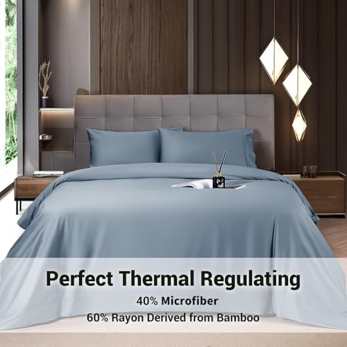 Image of Shilucheng 4 Piece Full Sheet Sets, Cooling Sheets, Blend Rayon Derived from Bamboo, Deep Pocket Up to 16 inch, Breathable & Soft Bed Sheets, Hotel Silky Bedding Set, French Blue