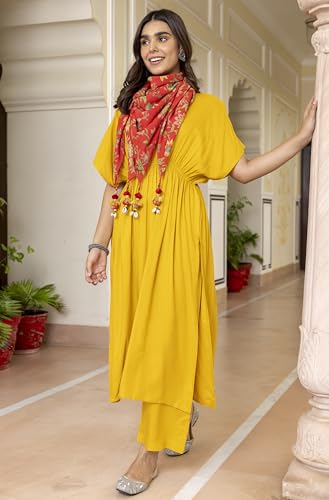 Image of Janasya Women's Mustard Rayon Solid Kurta with Palazzo and Scarf