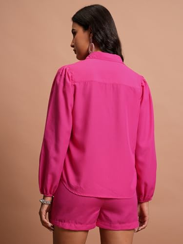 Image of Tokyo Talkies Elegant Bishop Sleeve Shirt & Shorts Co-ord Set | Chic & Effortless | Perfect for Casual & Semi-Formal Looks | Women Co-Ord Set | Co ord set for women